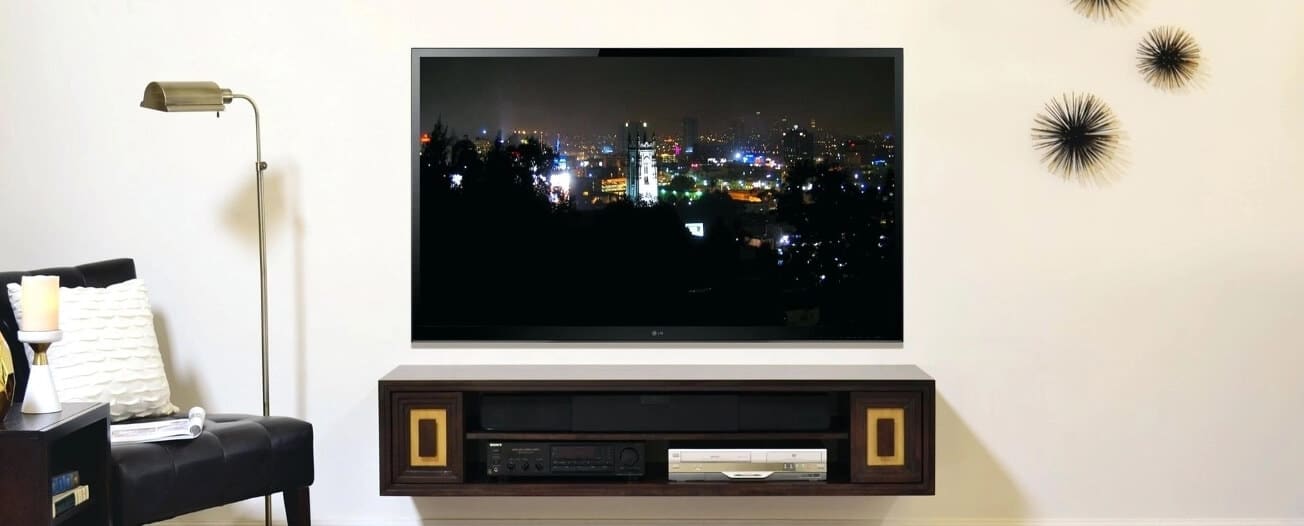 mounted-flat-screen-TV Mounted flat screen TV with home theater setup in a modern living room