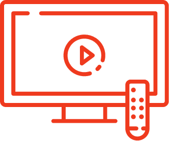 Flat screen television icon with a play button and remote control graphic