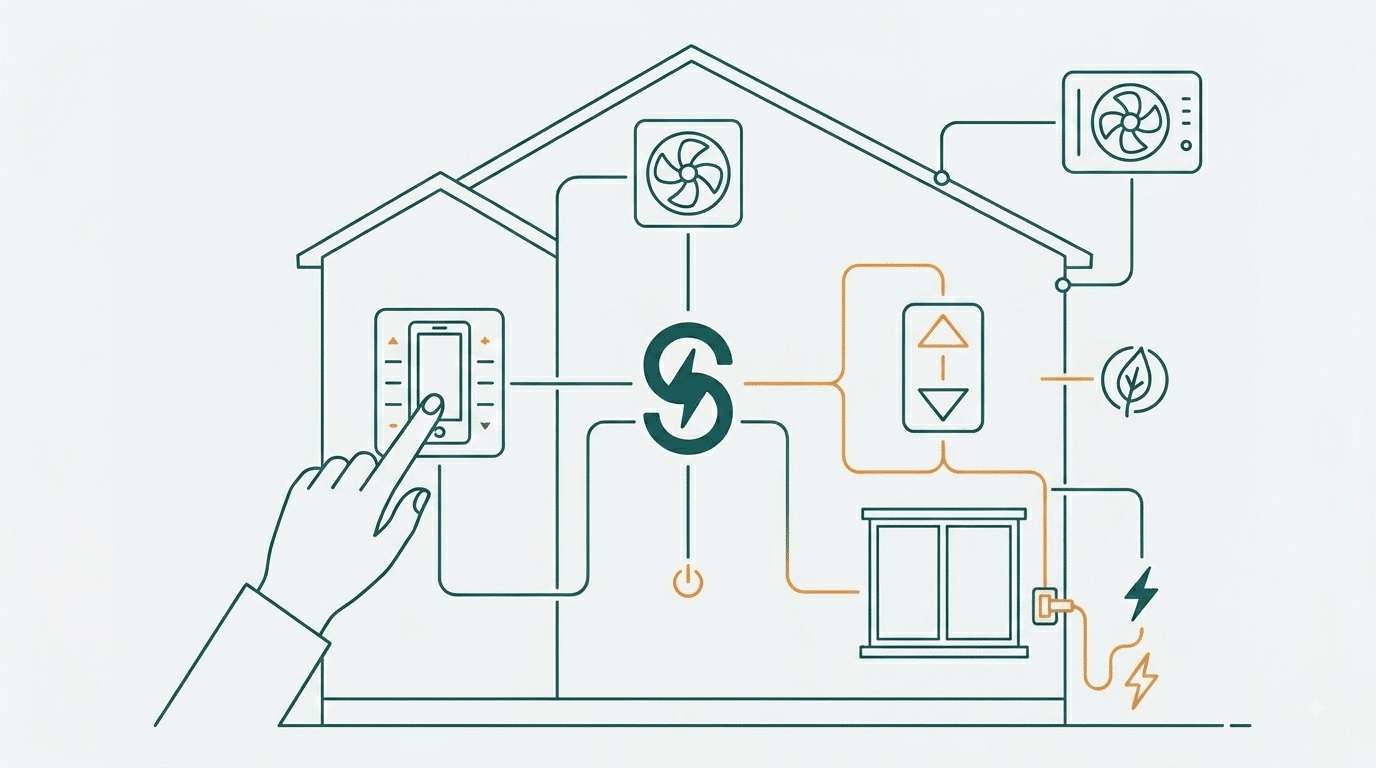 Line drawing of a house where a thermostat, ceiling fan, window shades and a phone all connect to one central control point.